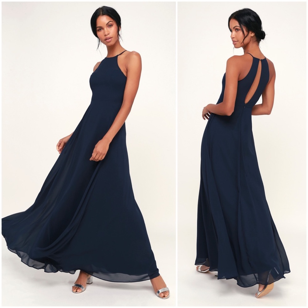 NWOT Lulus Night of Romance Navy Blue Maxi Dress Small